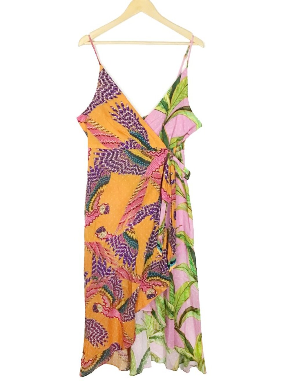 FARM RIO Mixed Prints Beaded Macaw Pink Foliage Midi Wrap Dress - Picture 3 of 15
